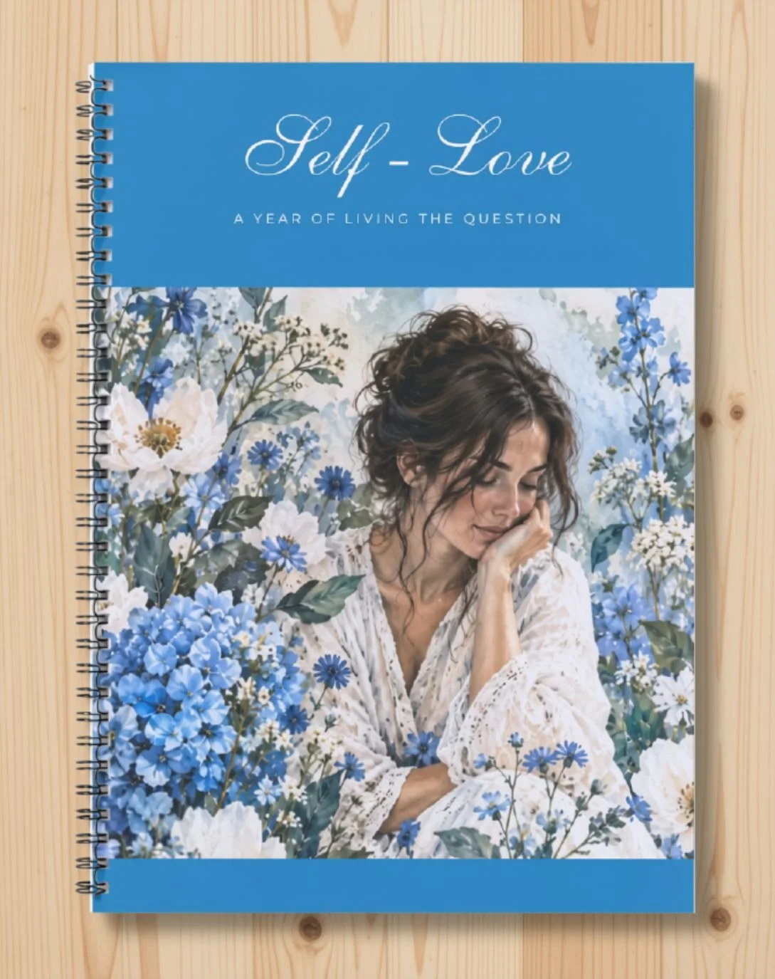Self-Love printable journal cover in Cornflower and Lace: a dark-haired woman in white lace resting among blue and white flowers