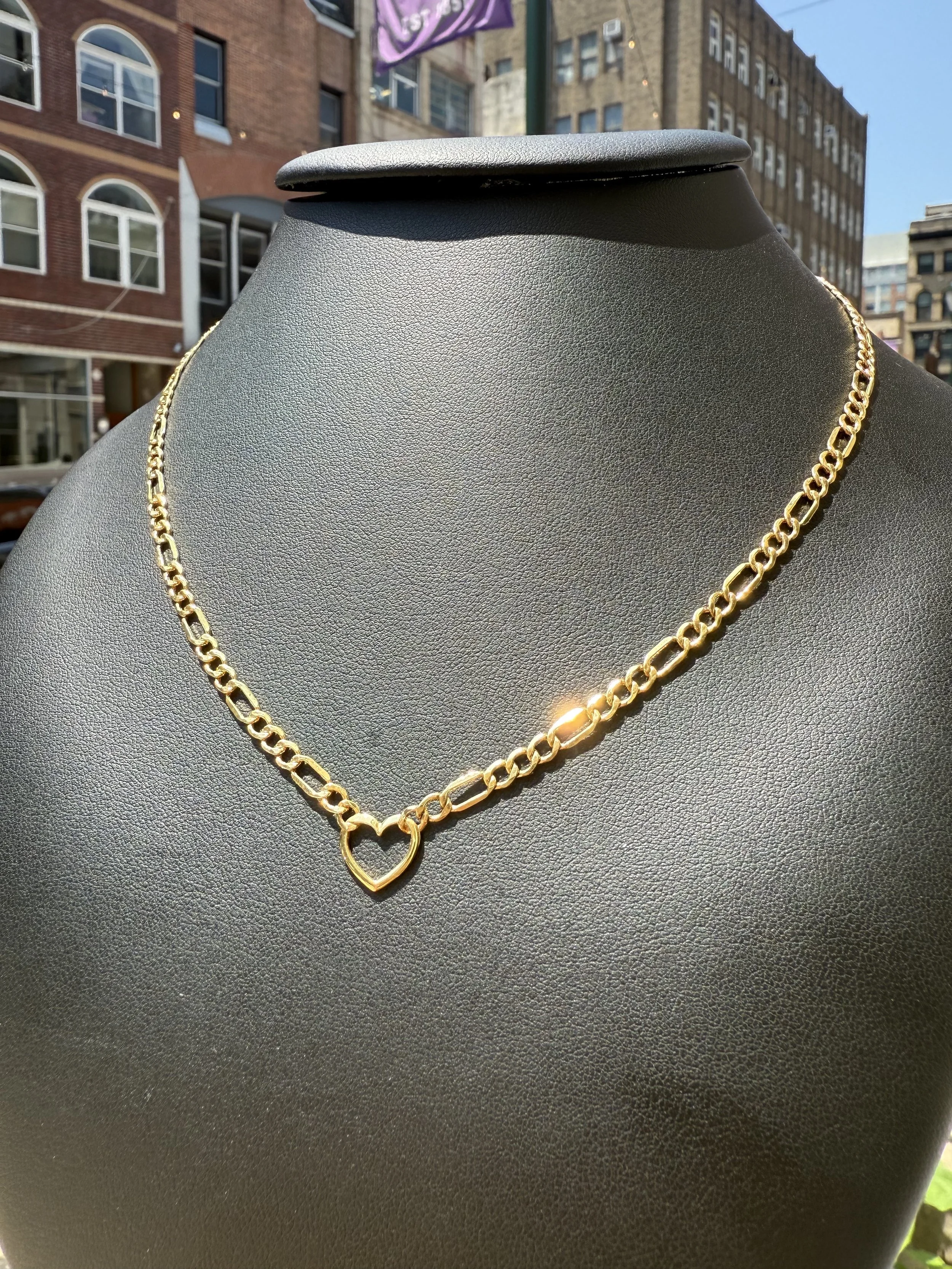 Figaro with Heart Chain - 14K Yellow Gold