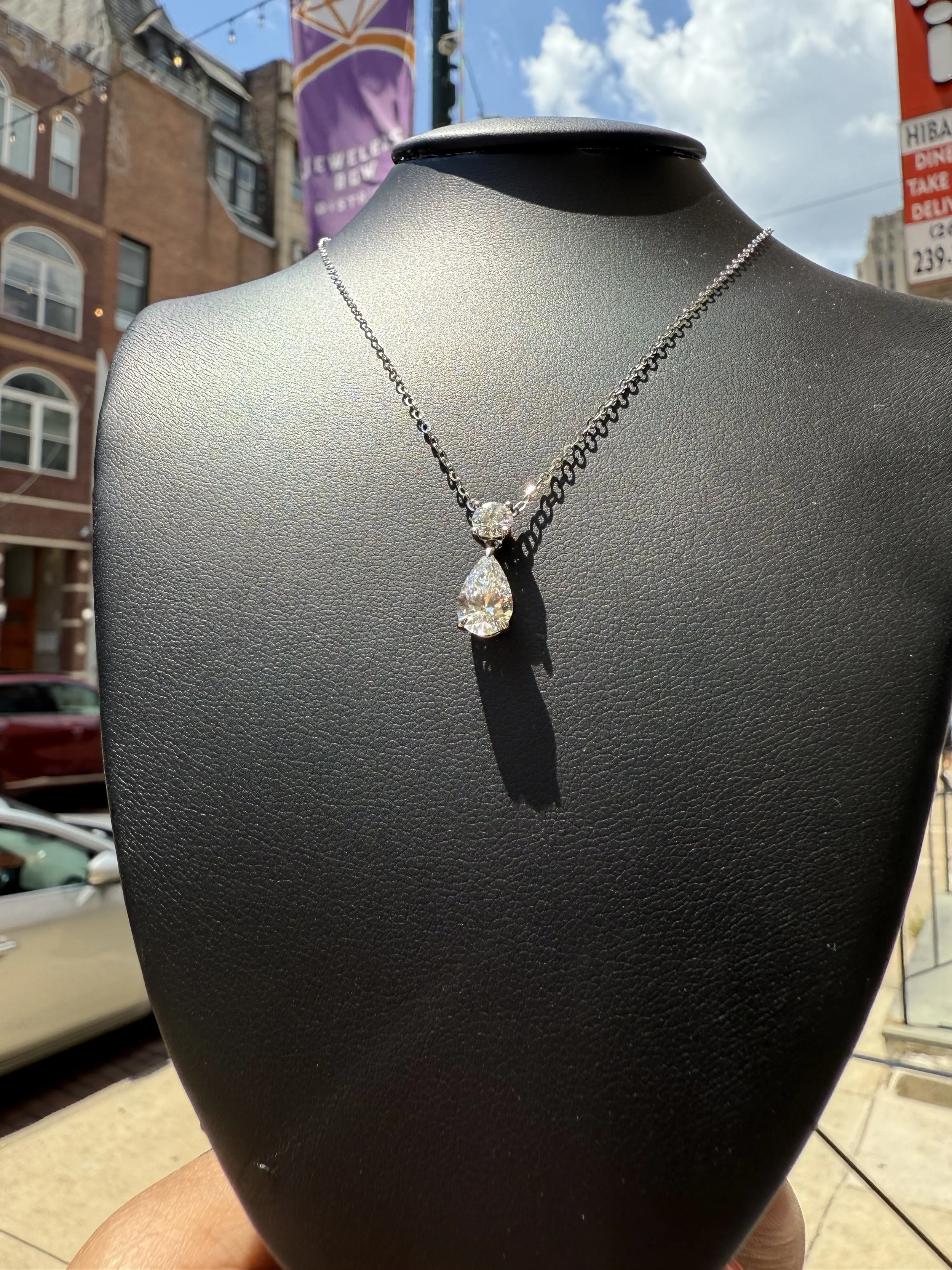 Pear & Round Diamond Drop Pendant - 14K White Gold