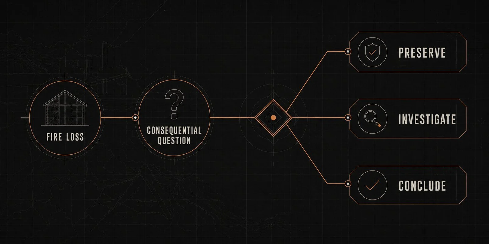 Claims First Forensics decision path: fire loss, consequential question, preserve, investigate, or conclude.