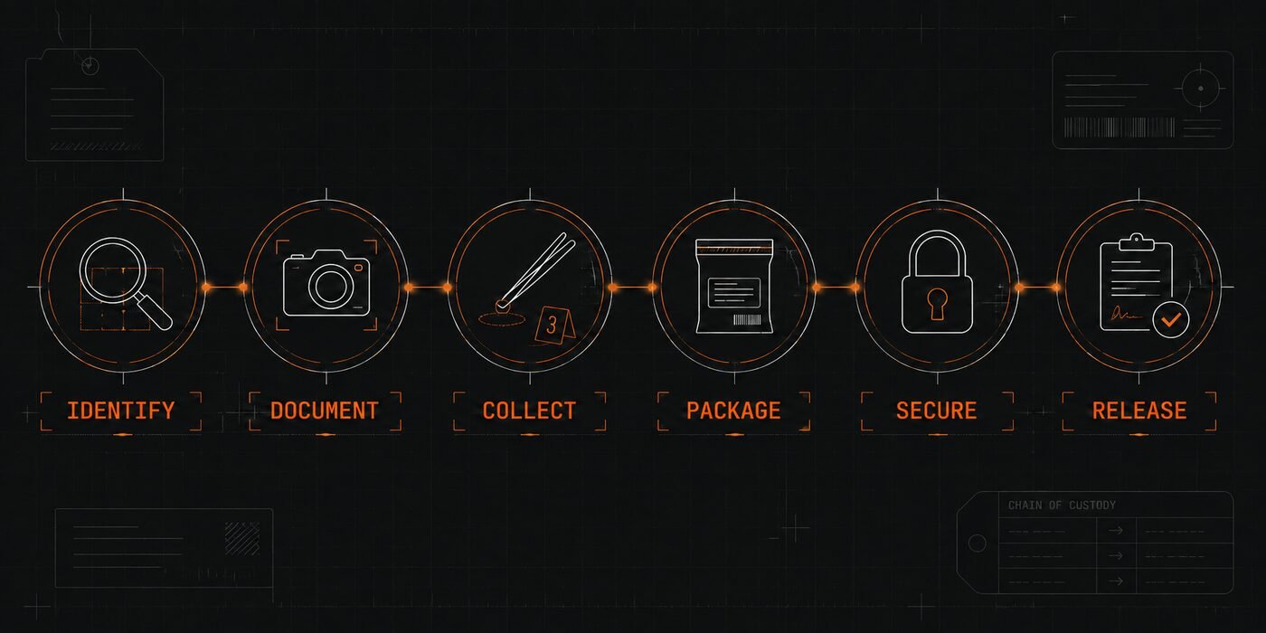 Evidence lifecycle: identify, document, collect, package, secure, and release.