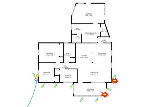 Residential floor plan annotated with fire-origin and analytical markers.