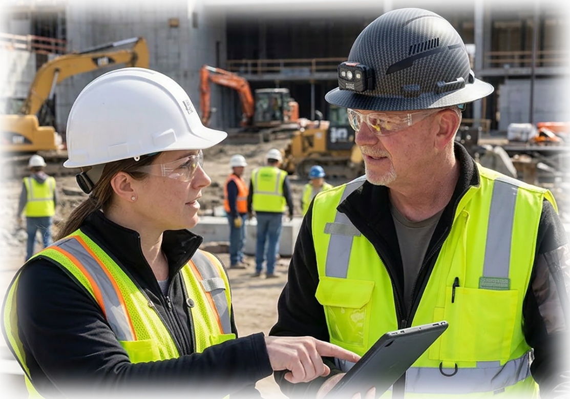 Two construction workers, one woman and one man, wearing hard hats and safety vests, are discussing something on a tablet at a construction site with other workers and construction equipment in the background.