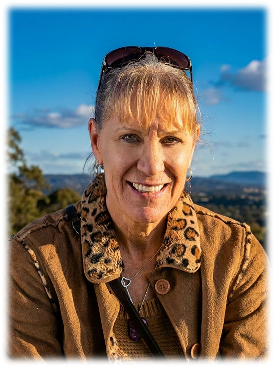 A woman with blonde hair and sunglasses on her head, smiling at the camera, standing outdoors with a scenic background of trees and mountains in the distance under a blue sky.