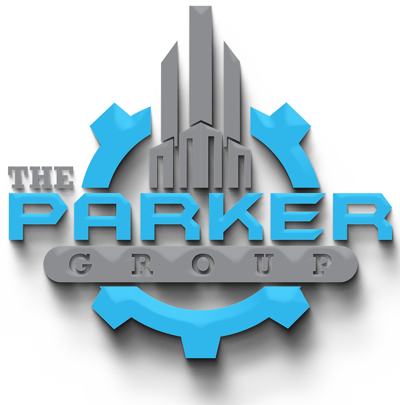Logo for The Parker Group featuring a gear, building, and blue abstract shapes.