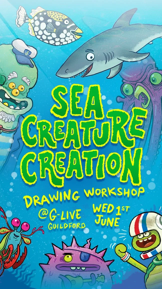 A colorful illustration of various sea creatures, including a fish, a shark, an octopus, a lobster, a purple creature with a starfish, and a smiling turtle in a diving helmet, with text promoting a sea creature drawing workshop on June 1st at G-Live in Guildford.