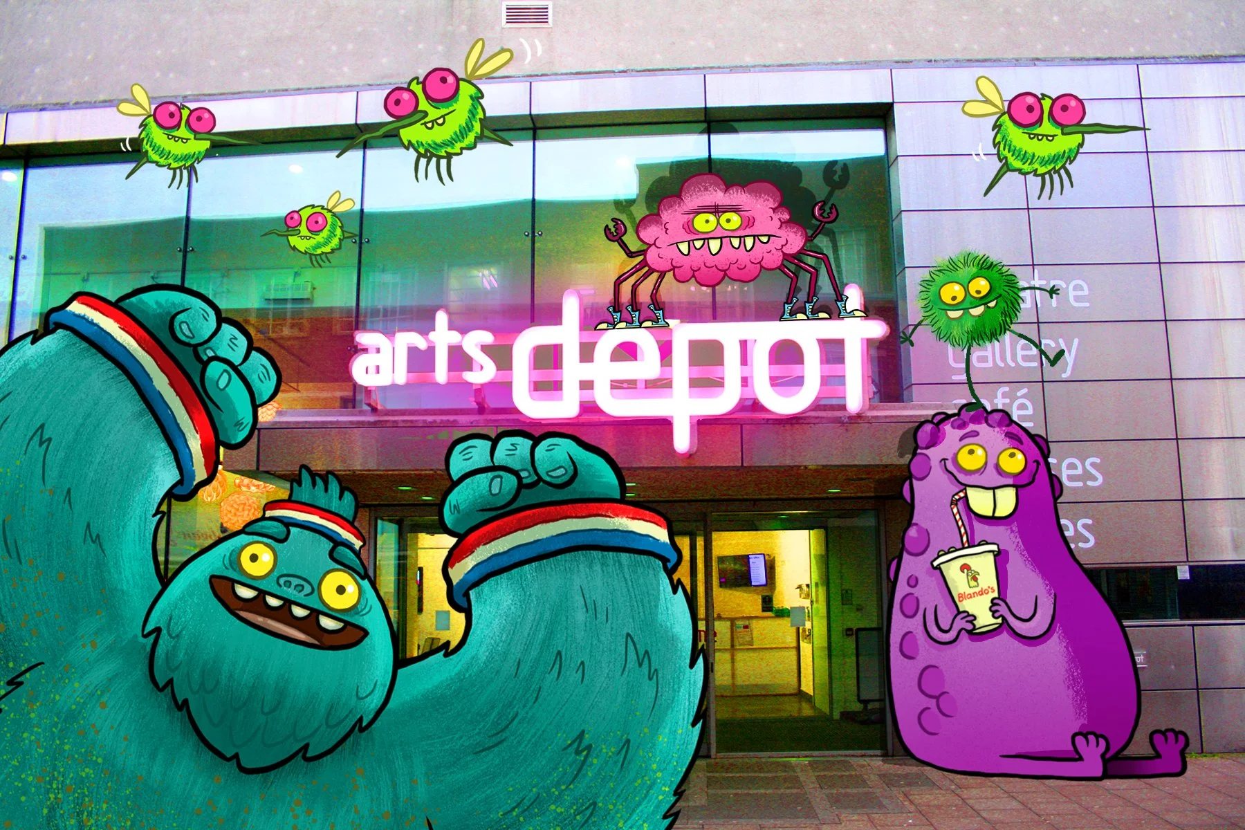 Colorful cartoon monsters in front of a modern building with a neon sign that says 'arts’ and some smaller text. The monsters are smiling, with some holding drinks and others making gestures. The scene is playful and vibrant.