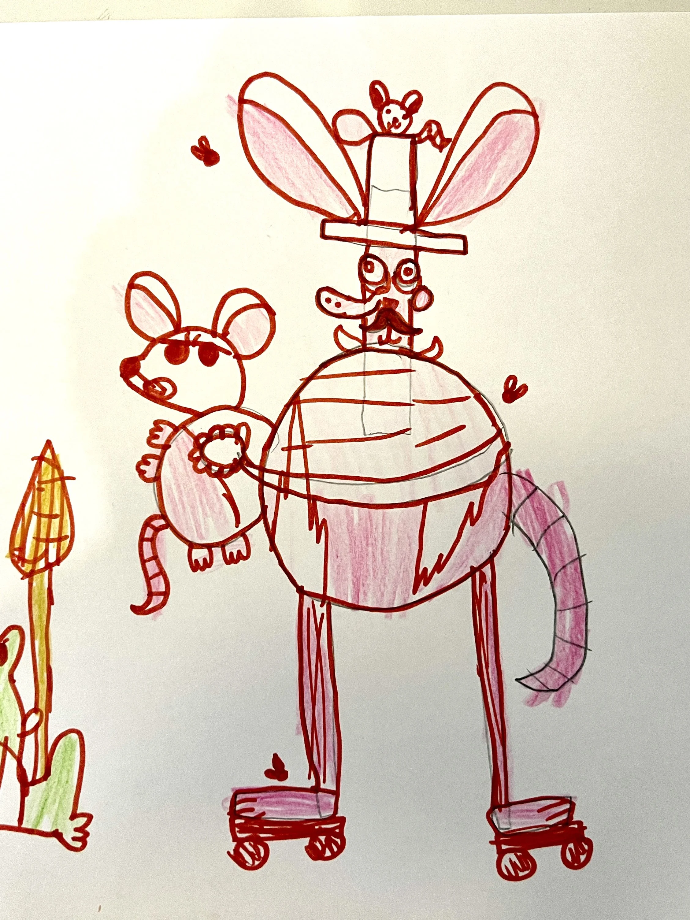 Child's drawing of a mouse riding a large creature with wings, a long striped tail, and roller skate shoes, with smaller mice on either side.