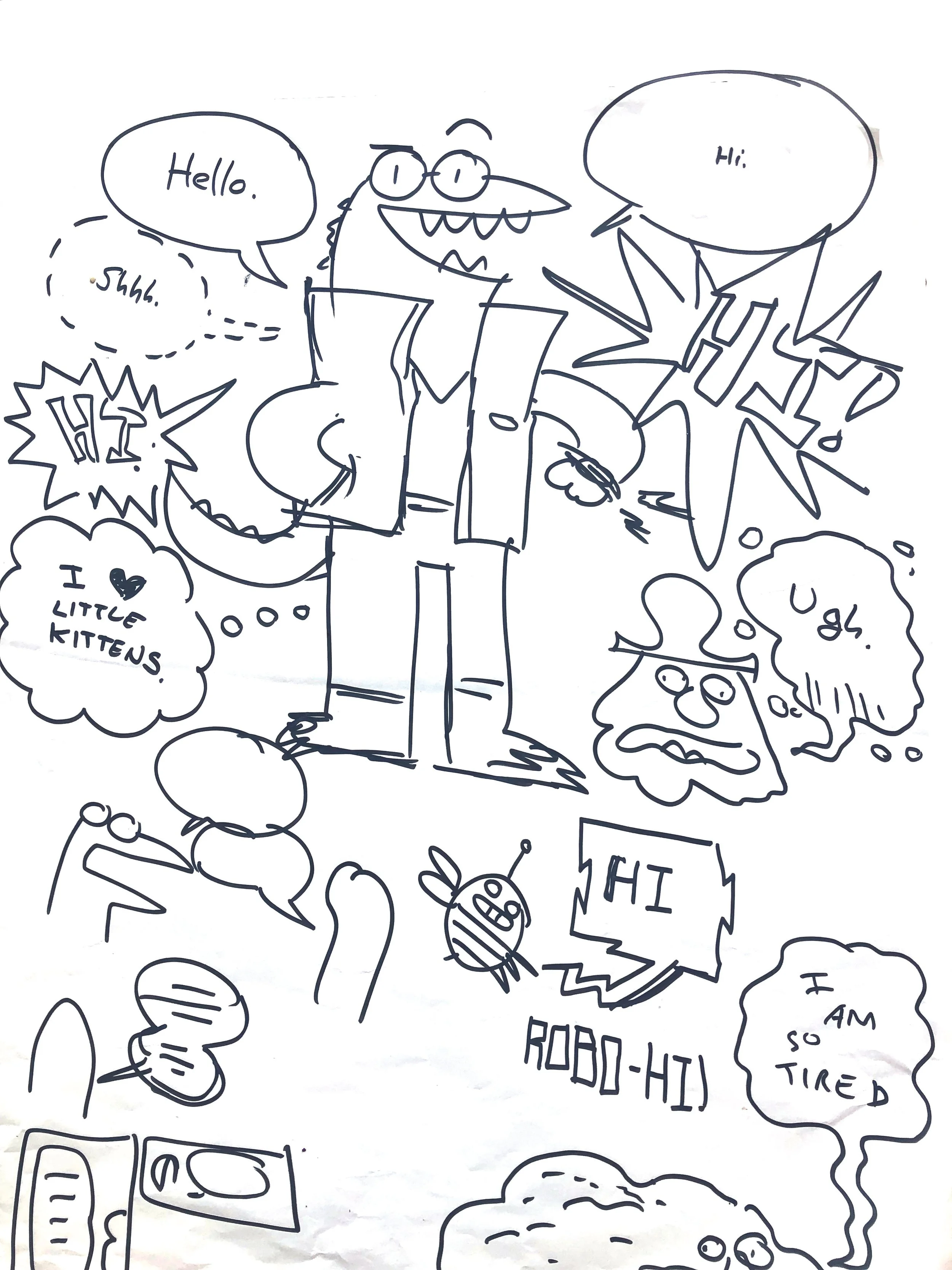 A hand-drawn doodle sketch of a person, possibly a monster, smiling with glasses and sharp teeth, surrounded by various speech bubbles and random drawings. The speech bubbles contain words like 'Hello.', 'Hi.', 'I love little kittens.', and 'I am so tired.' The sketch is made with simple, black lines on a white background.