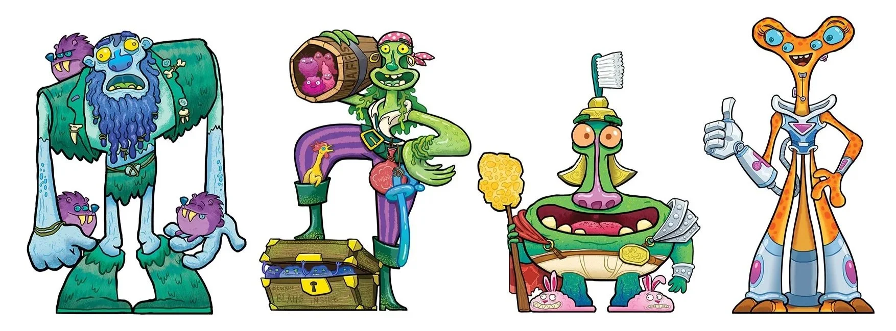 Colorful cartoon monsters spelling the word 'SPOOK' from left to right, each with unique features and accessories.