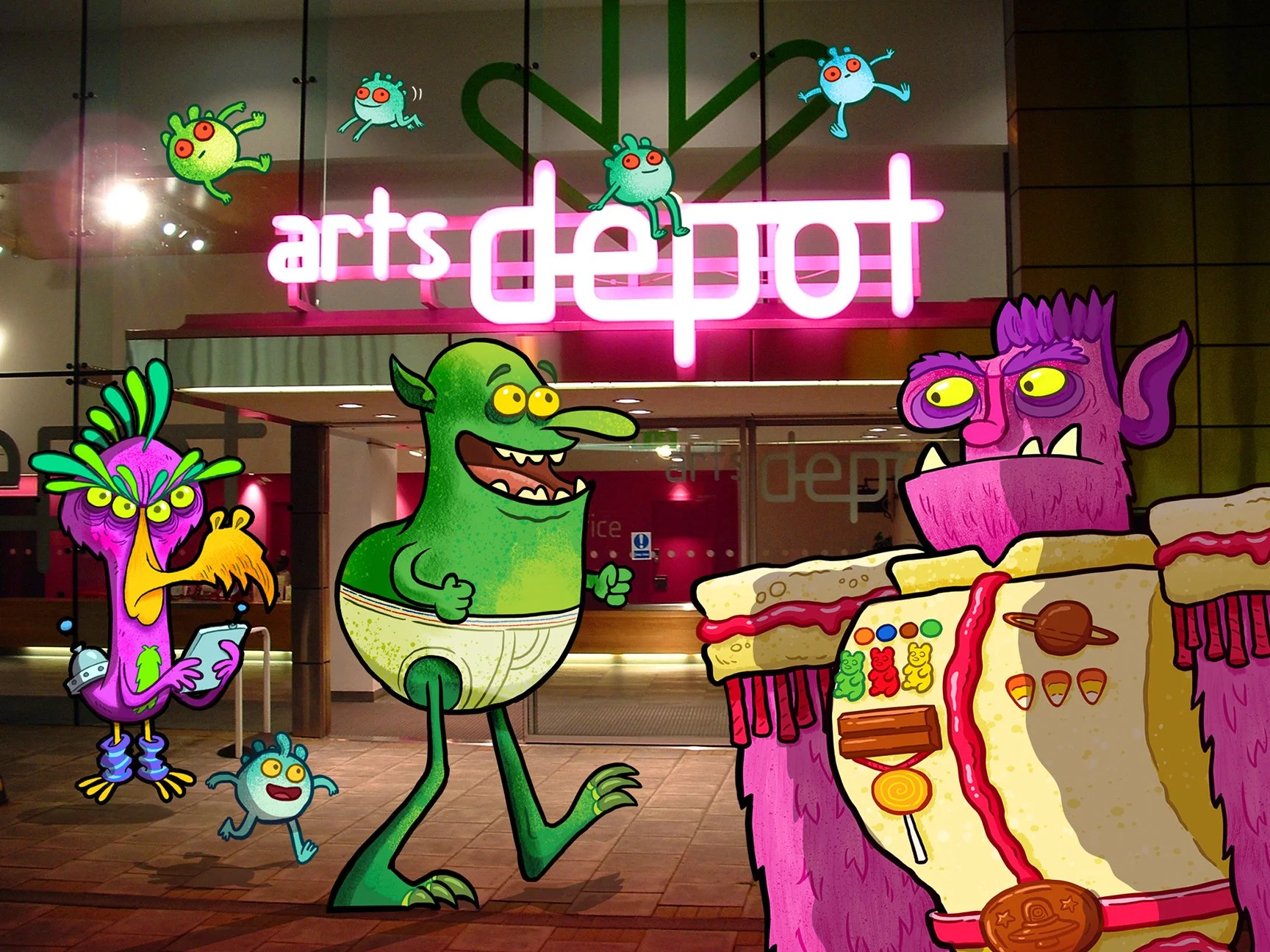Illustrated monsters in front of a building with a neon sign that reads 'arts deposit', some monsters are colorful and cartoonish, with one using a phone, and others appear to be having fun.