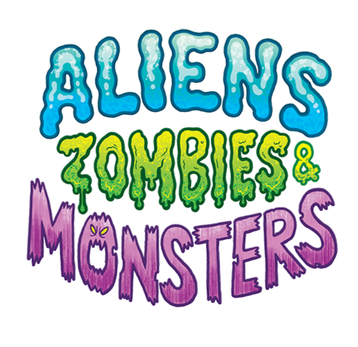 Colorful cartoon text reading 'Aliens, Zombies & Monsters' in icy blue, bright green, and purple letters with a playful, spooky style.