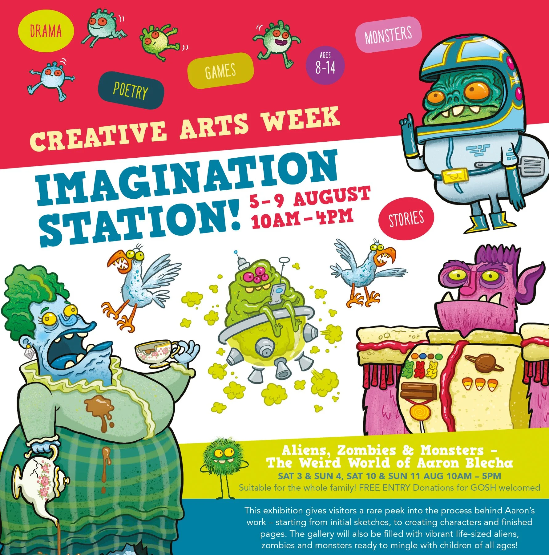 A colorful poster promoting Creative Arts Week with cartoon monsters, aliens, zombies, and other mythical creatures. It features event details from August 5th to 9th, 10am to 4pm, suitable for children aged 8 to 14, including activities such as drama, poetry, games, stories, and exploration of aliens, zombies, and monsters. The poster highlights a gallery showcasing the process of creating characters from initial sketches to finished pages with vibrant, whimsical artwork.