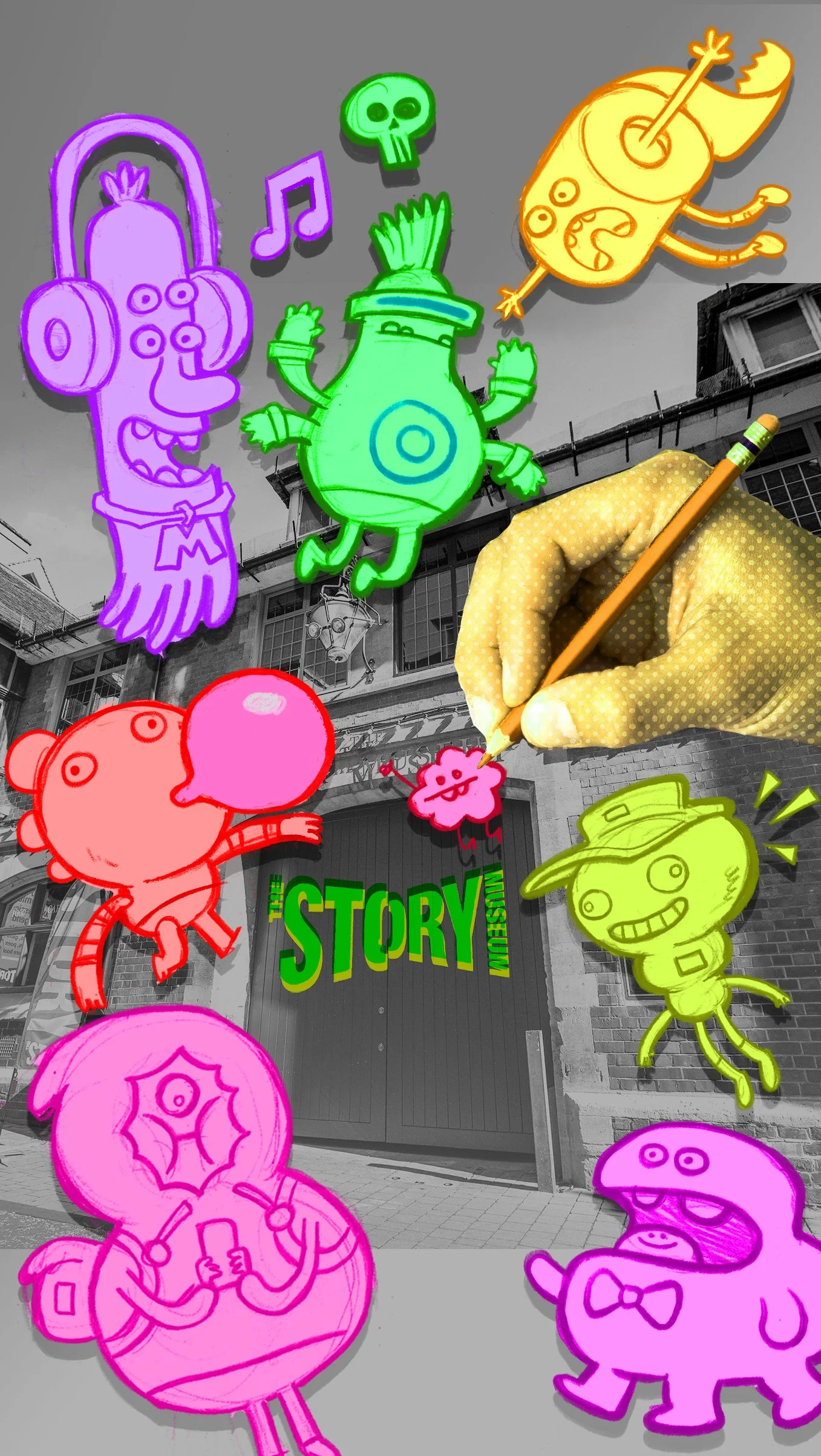 Colorful cartoon characters, including a purple dog with headphones, a green monster, a yellow ghost, a pink bear, and a yellow robot, are superimposed over a black-and-white photo of a street scene outside a museum, with the museum's sign reading "The Story Museum."