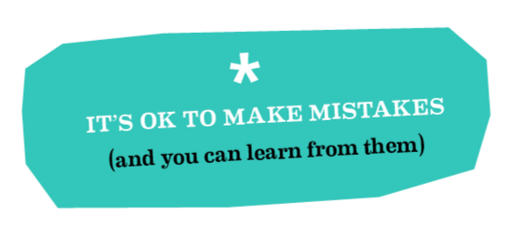 A teal tag with white and black text that says, "It's OK to make mistakes (and you can learn from them)."