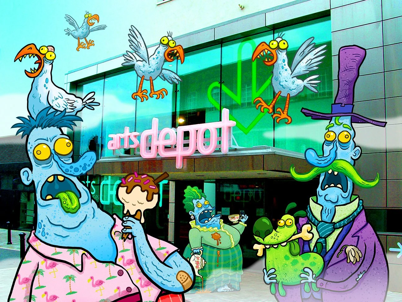 Colorful, cartoon-style characters and chickens in front of a modern building with neon signs, appearing whimsical and humorous.