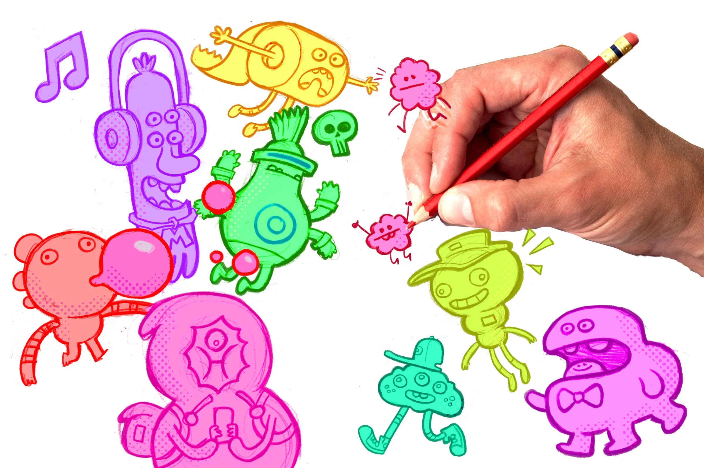 A hand holding a red colored pencil drawing a pink cartoon cloud with a smiling face on a white background filled with colorful sketches of cartoon characters and objects, including a purple phone, red and pink monsters, green creatures, and yellow objects.