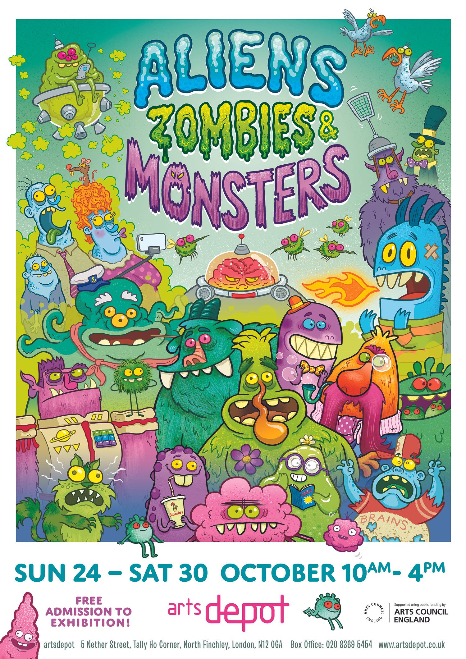 Colorful illustrated poster for 'Aliens, Zombies & Monsters' art exhibition, featuring various cartoon monsters and characters, with event details including dates, location, and sponsors.
