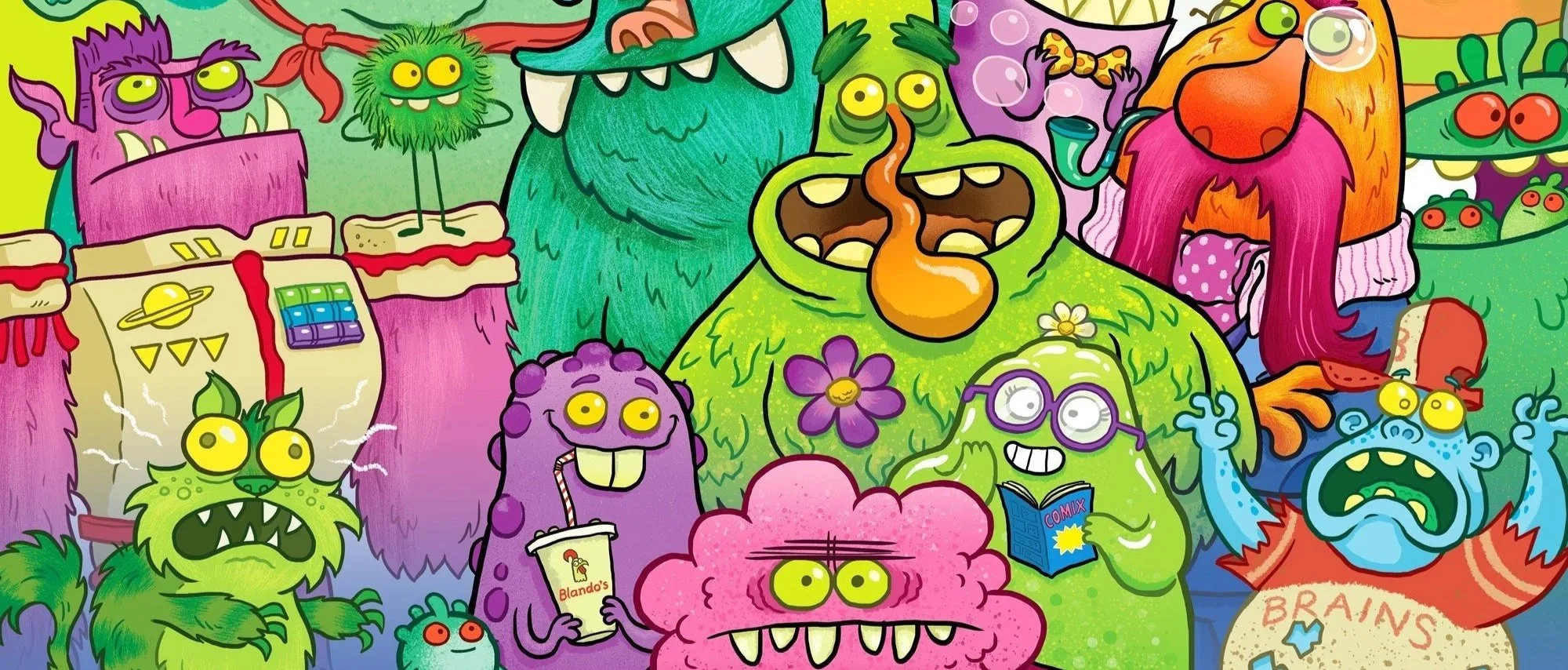 A colorful cartoon scene featuring various friendly, whimsical monsters with bright colors and playful expressions, gathered together with some holding objects like a drink, a book, or flowers.