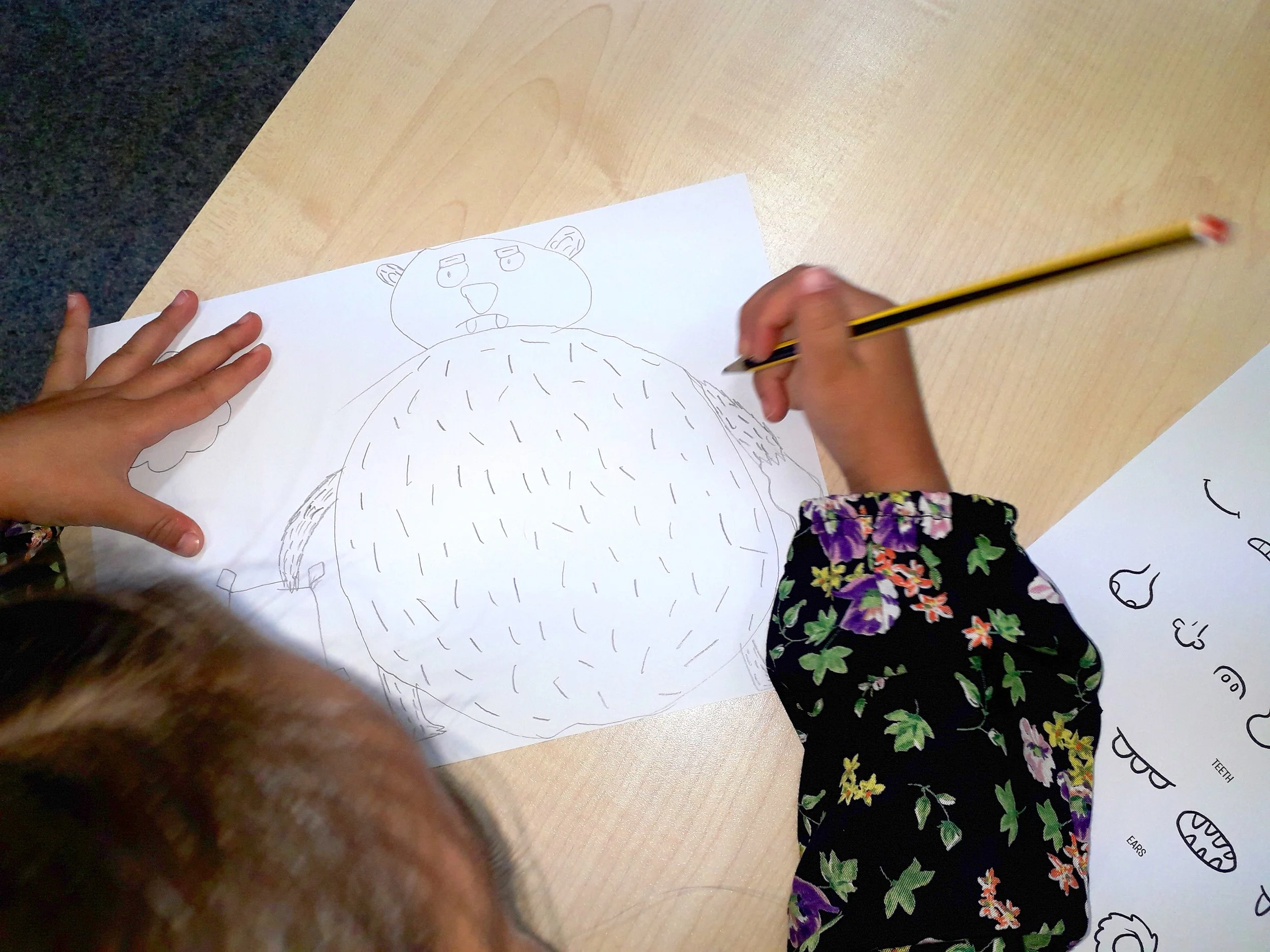 Child children coloring paper drawing of a bear on a table