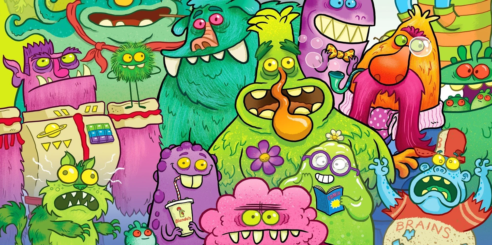 A colorful, cartoonish illustration of various playful monsters with bright colors and goofy expressions.