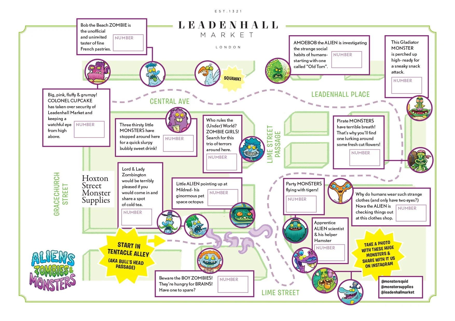 A colorful illustrated map of a market themed around aliens, zombies, and monsters with street names, character icons, and fun descriptions of each section and character.