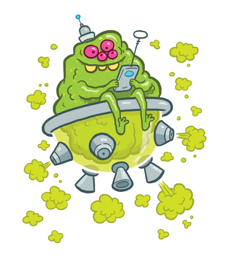Cartoon green monster with pink eyes and yellow teeth, sitting on a floating green planet with gray-colored rings and antennae, using a smartphone surrounded by yellow-green smoke or clouds.