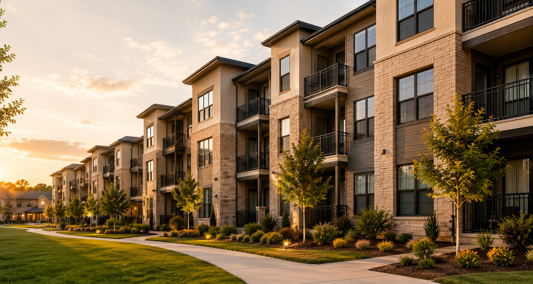 A row of modern apartment buildings with balconies and large windows, surrounded by well-maintained landscaping, trees, and a curving sidewalk at sunset.