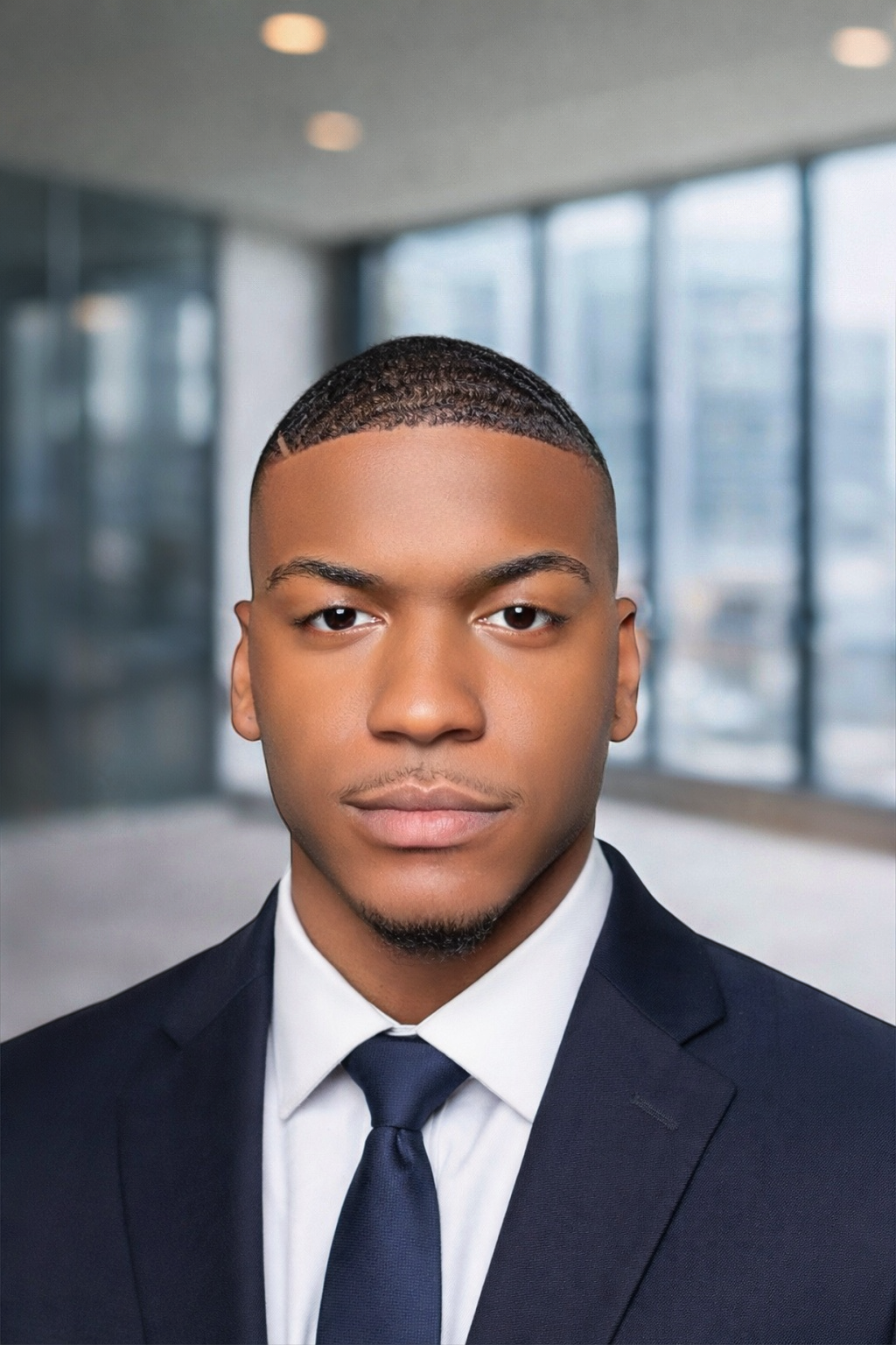 Professional headshot of a young man in a dark suit, white shirt, and tie, standing in a modern office with large windows.