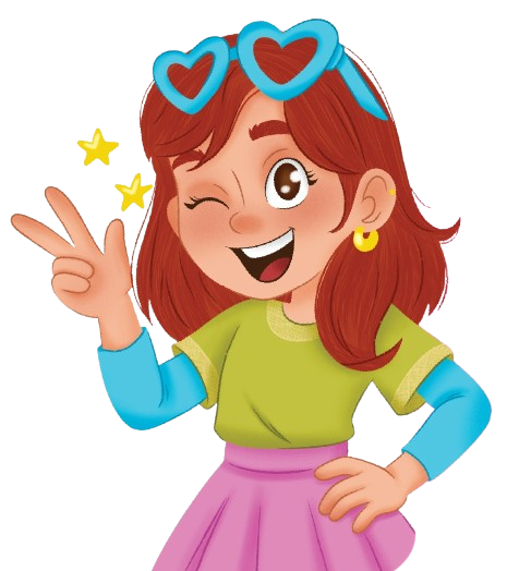 Cartoon girl with brown hair, wearing heart-shaped glasses, winking, making a peace sign, dressed in a green shirt with blue sleeves, pink skirt, and yellow hoop earrings.