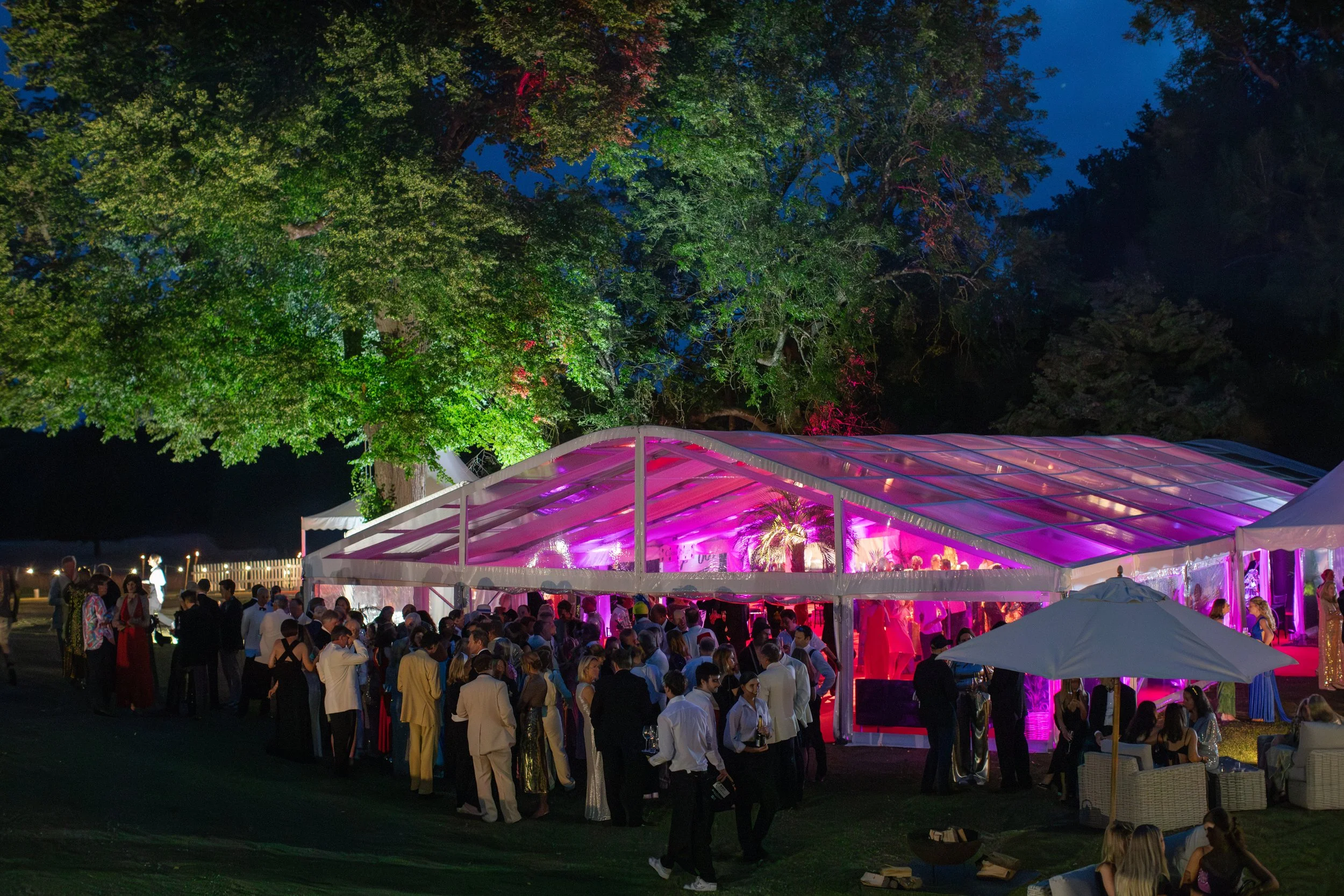 People gathered at an outdoor nighttime event under a large, illuminated tent with purple lighting, surrounded by green trees and a clear evening sky.