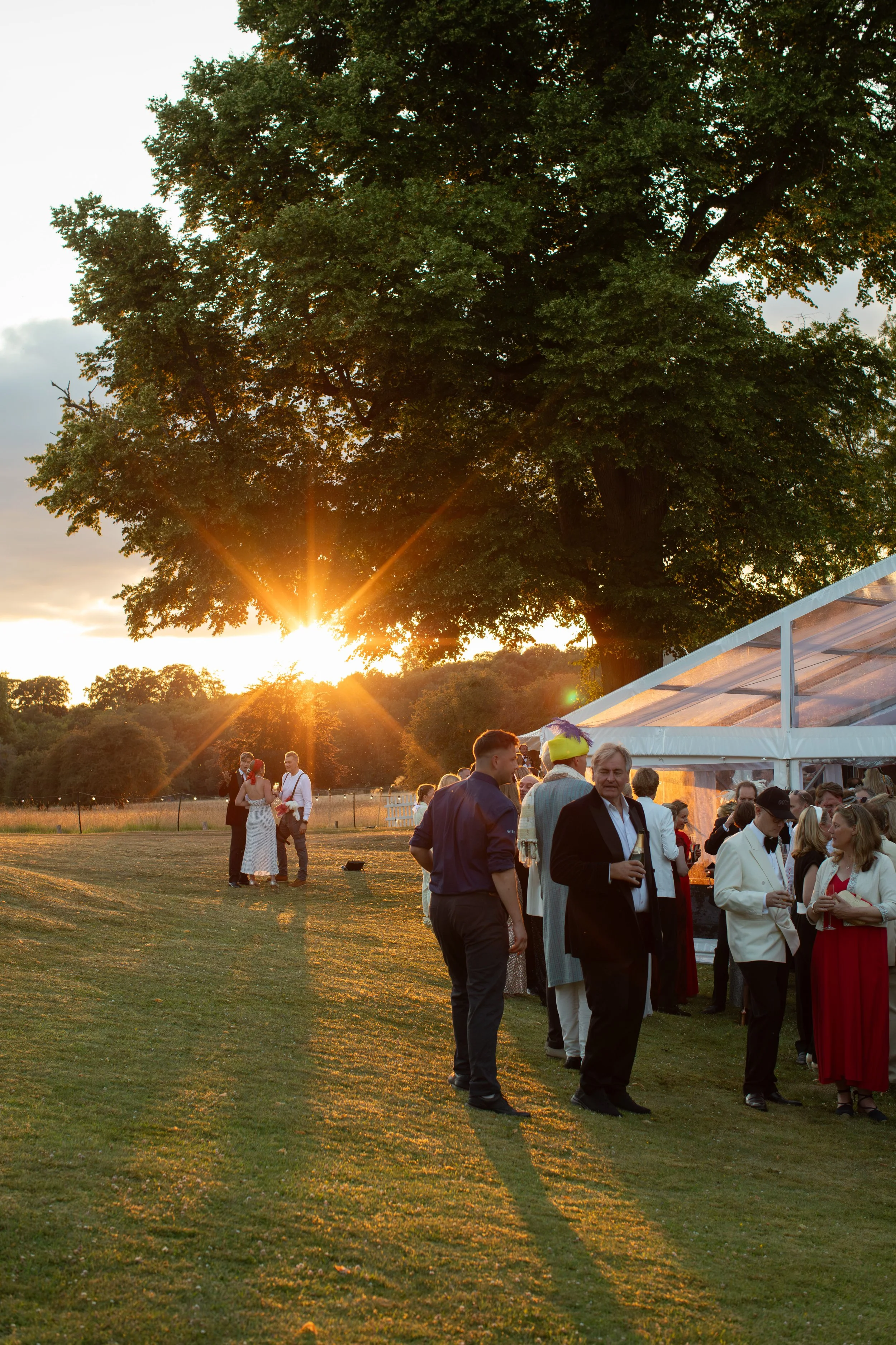People gathered outdoors near a large tree at sunset, with a white tent in the background. Attendees are dressed in semi-formal attire, some holding drinks, and engaging in conversation on a grassy area.
