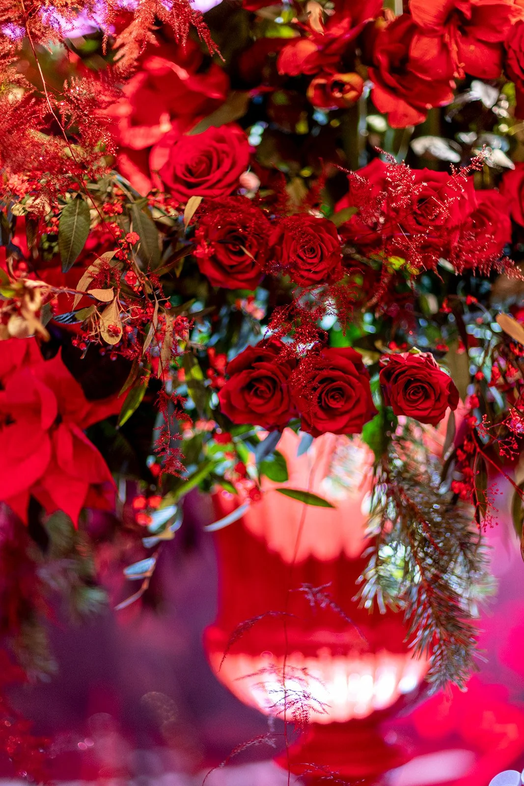Close-up of a floral arrangement with red roses, poinsettias, and greenery, illuminated by a red decorative lamp in the background.