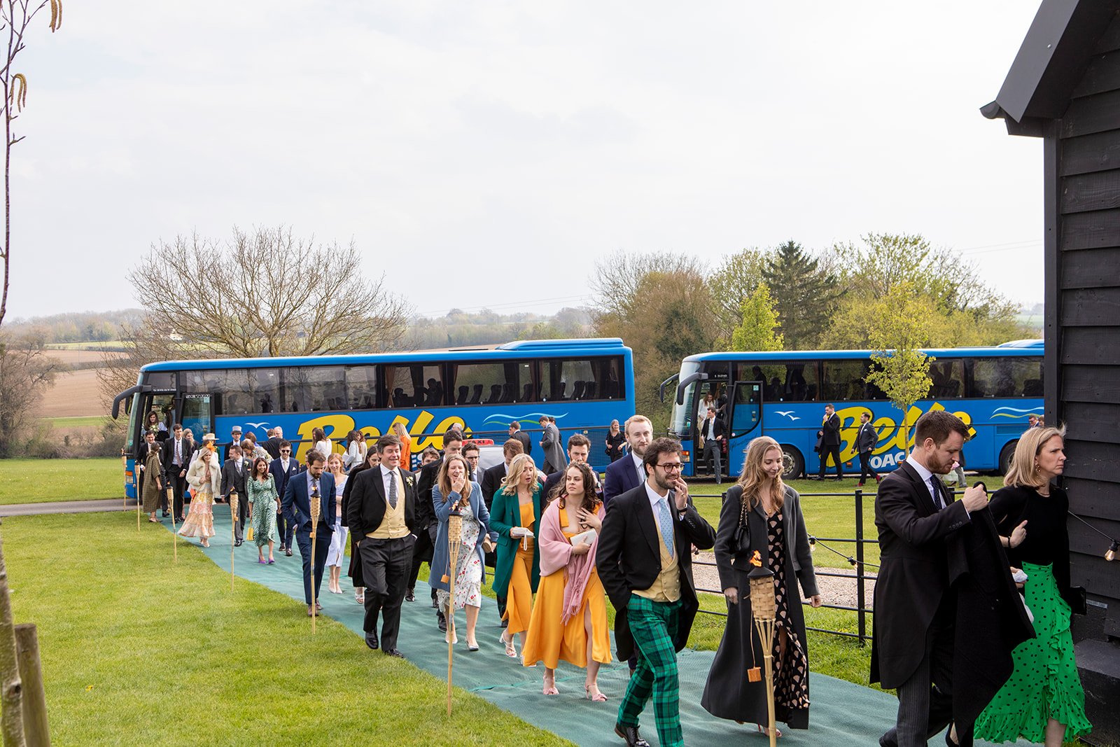 A group of formally dressed people walking on a green carpet outdoors, with two blue buses in the background and a rural landscape of trees and open fields.