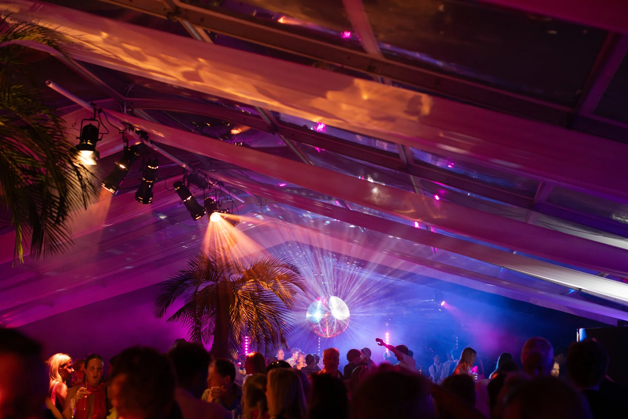 A vibrant indoor party scene with colorful purple and pink lighting, a crowd of people dancing and socializing, and decorative elements like palm trees and streamers, creating a lively atmosphere.