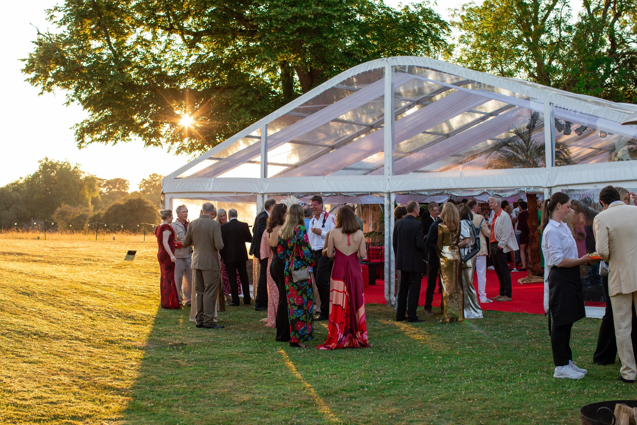 A group of people dressed in formal attire gathers outside under a white tent with clear plastic panels in a grassy area during sunset, with large trees and the sun creating a warm glow in the background.