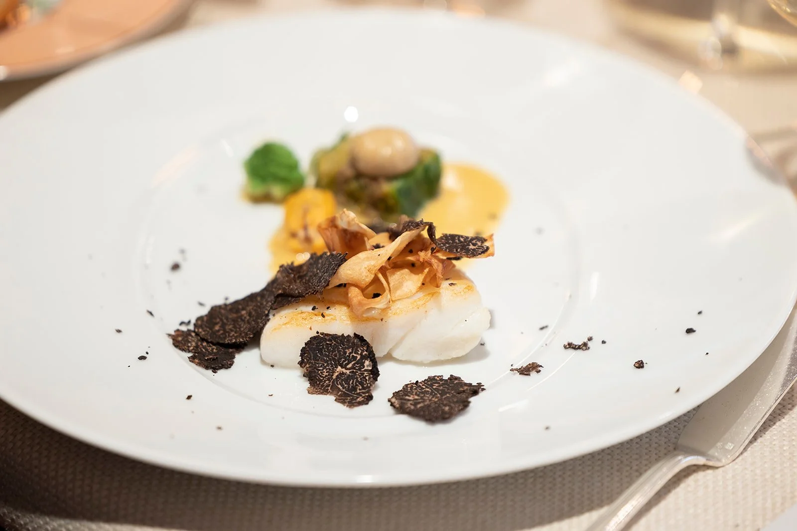 A gourmet plated dish featuring a piece of white fish topped with crispy garnish, black truffle slices, and garnished with green vegetables in the background.