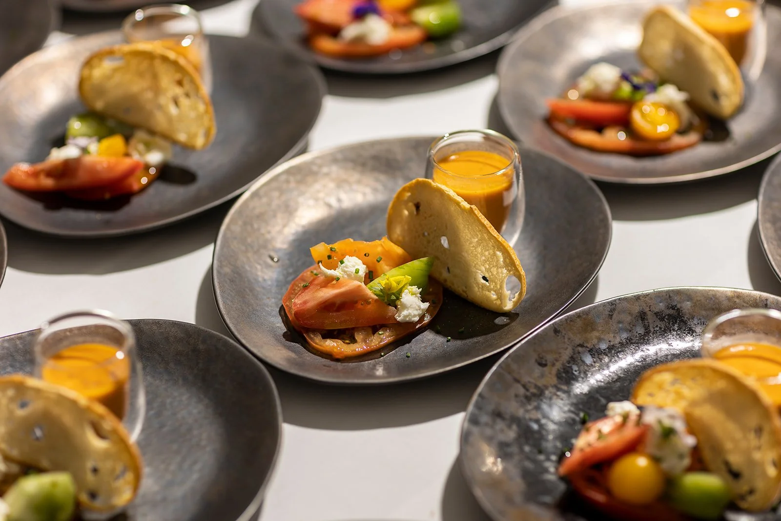 Plates of gourmet appetizers with fresh vegetables, sauces, and crispy chips arranged on dark plates.