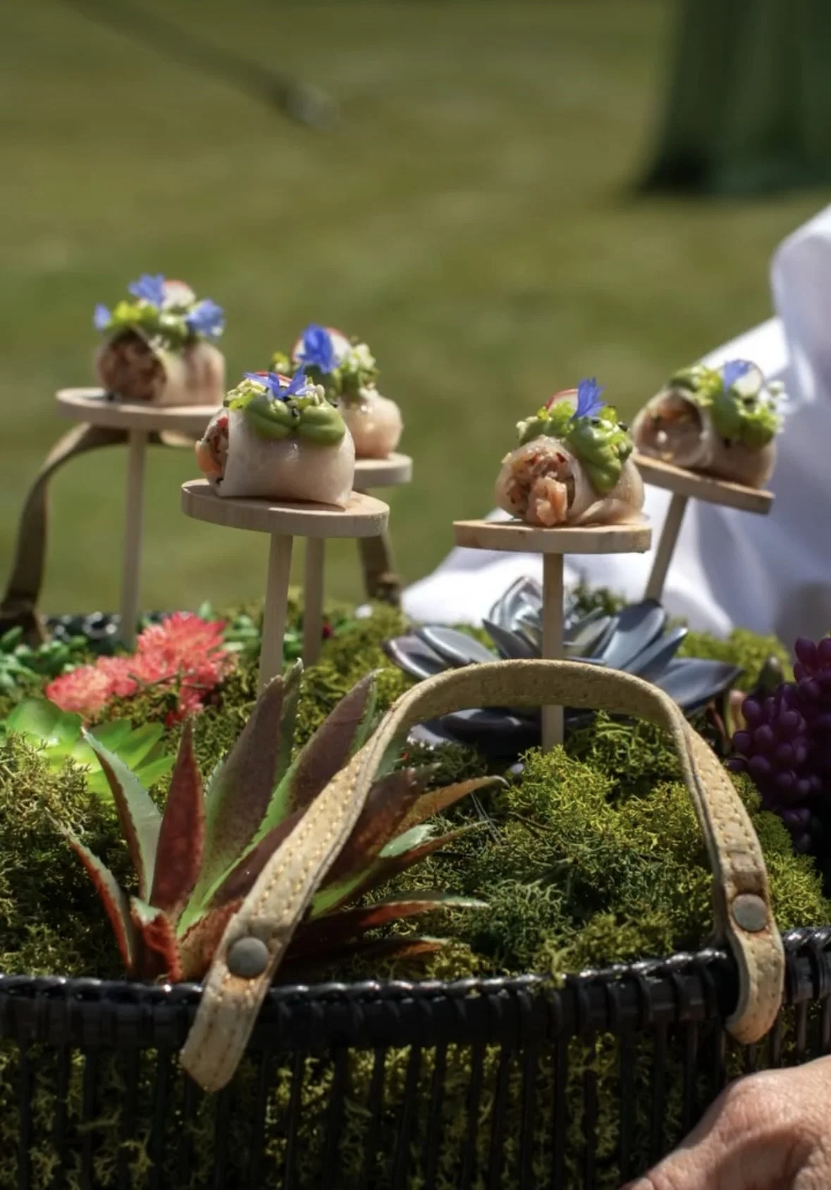 Miniature savory dishes topped with edible flowers on wooden platforms surrounded by succulent plants and moss in a black woven basket.