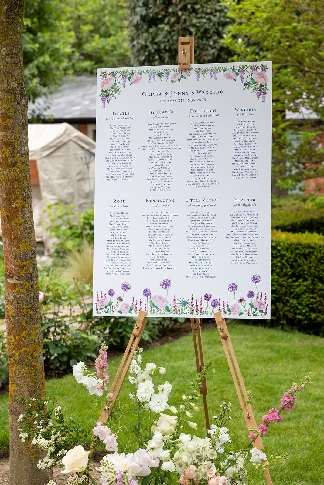 Wedding seating chart with floral decorations, displayed on an easel in a garden setting.