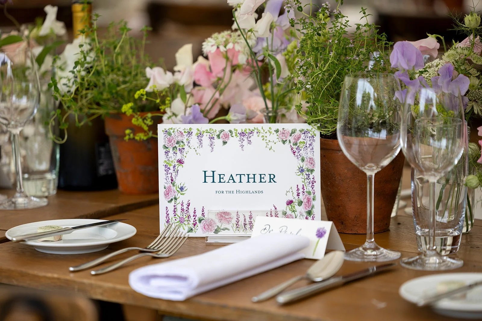 Elegant table setting with floral decorations and place cards, including a card with the name Heather and a floral border, surrounded by wine glasses, plates, and cutlery, at a celebration or event.