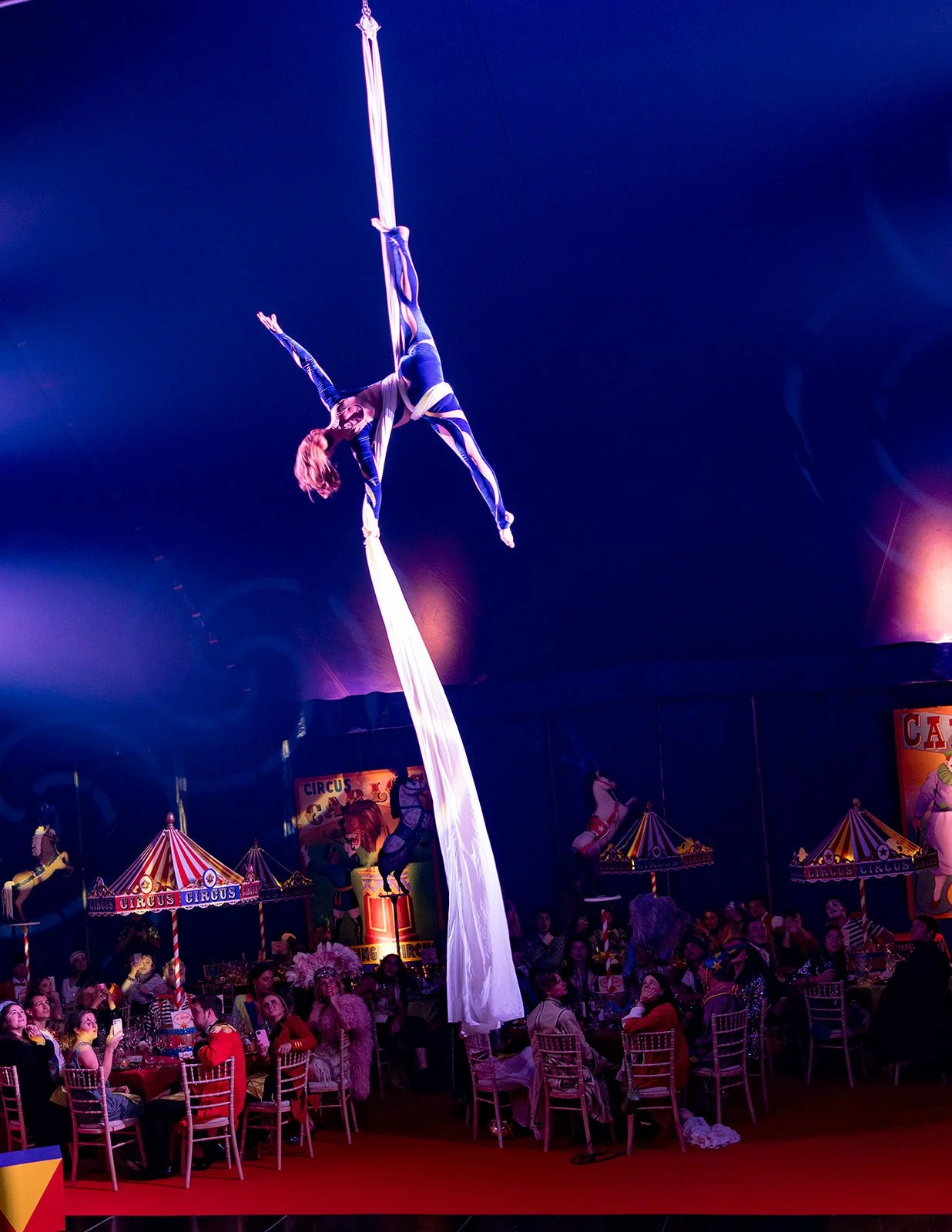 Aerial silk performer in a circus, performing high above an audience seated at tables, with colorful circus tents and crowd in the background.