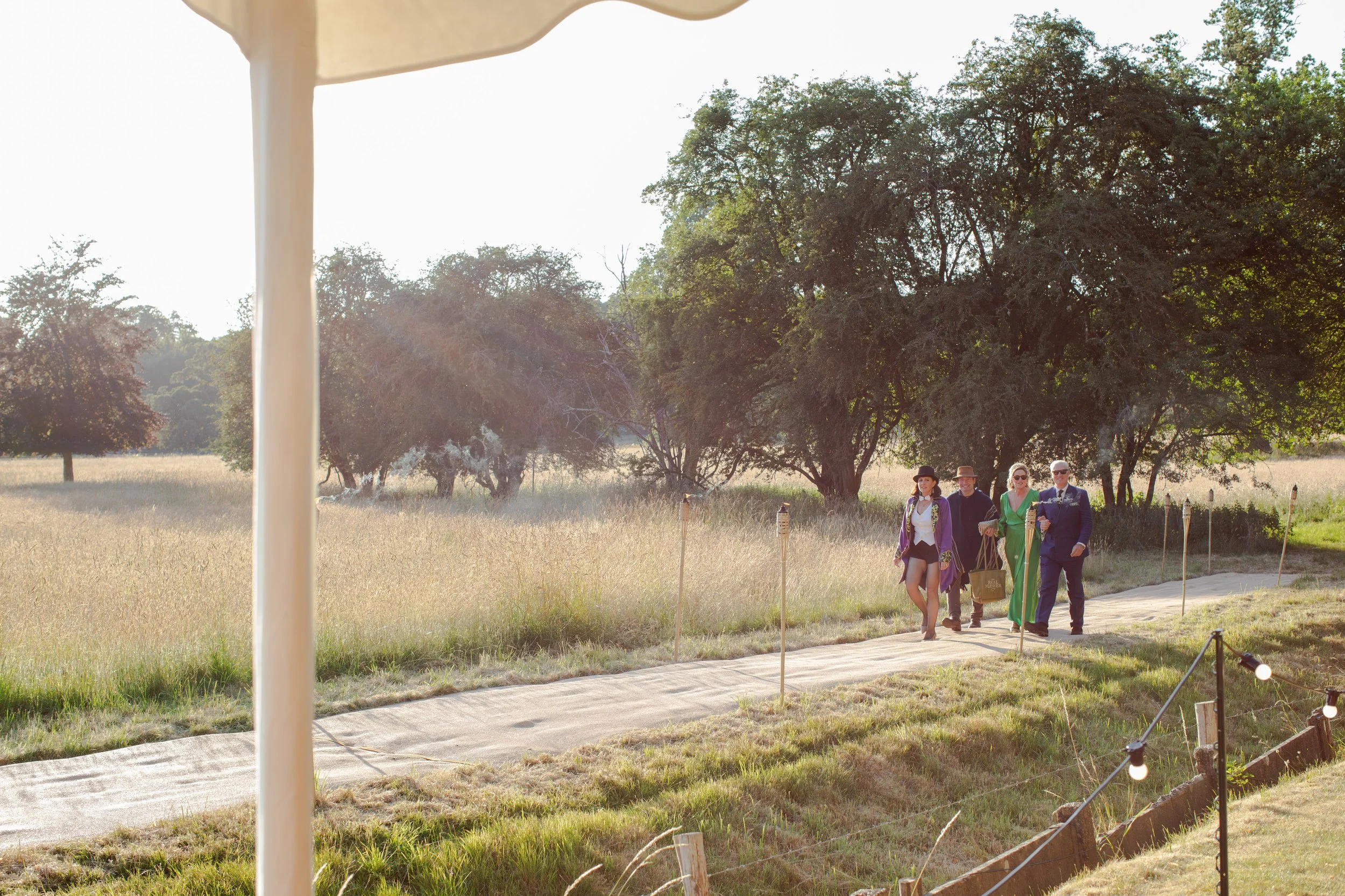 Group of four diverse people walking along a paved path in a park or natural area with trees and grass, sunlight filtering through the trees, as seen from under a white canopy or tent.