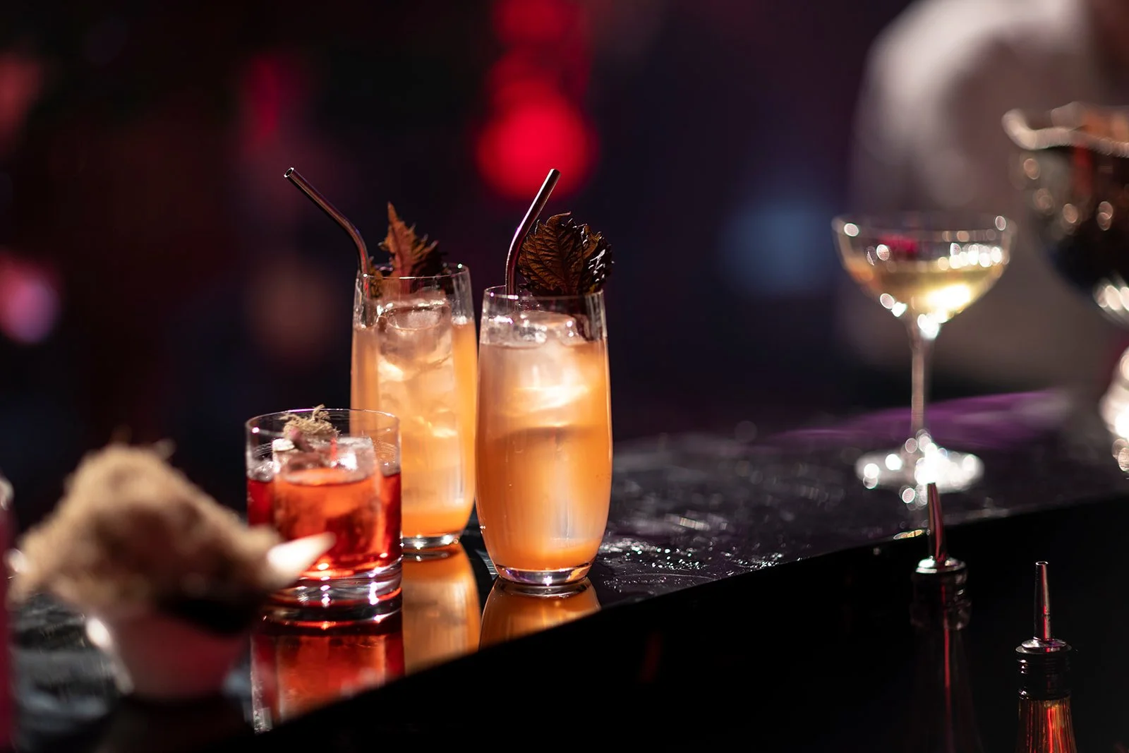 Several cocktails on a dark bar counter, with varied glassware and garnishes, illuminated softly in a dim setting.