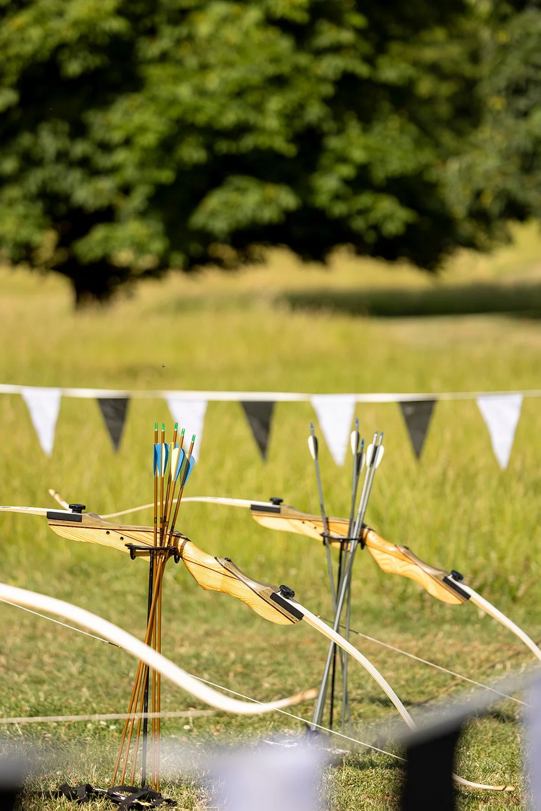 Archery bows and quivers with arrows set up outdoors on a grassy field, with a tree and a string of bunting in the background.