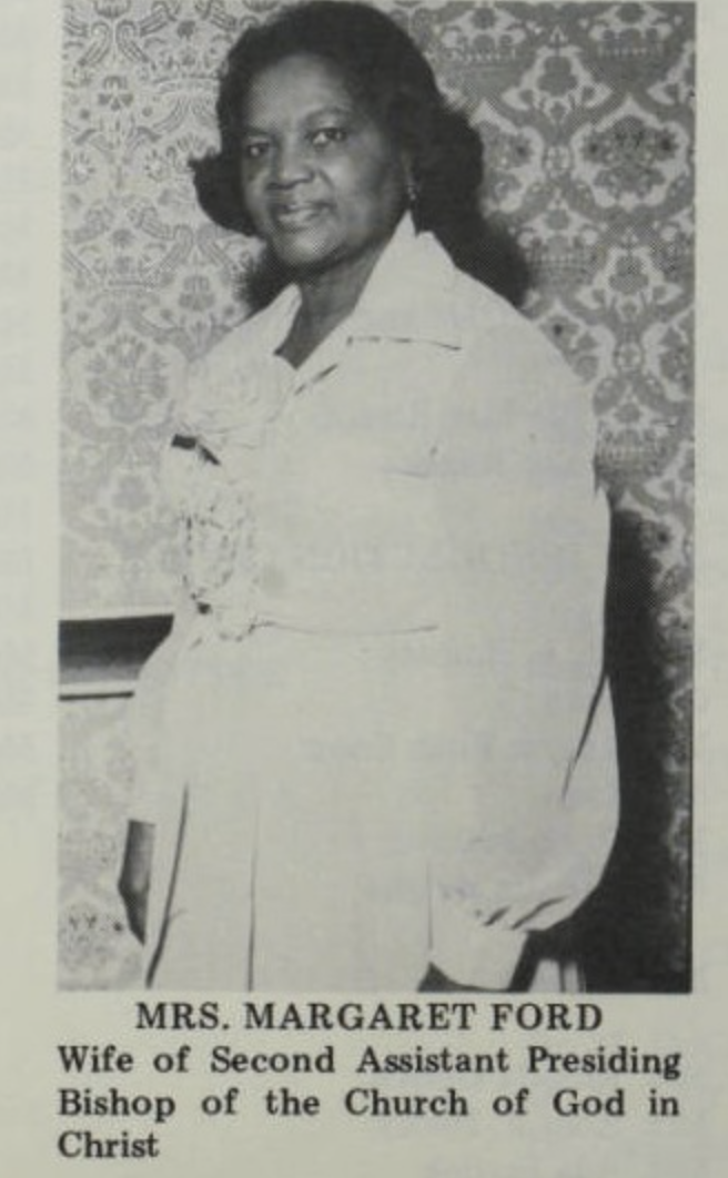 A black and white portrait of Mrs. Margaret Ford, a woman with dark hair, wearing a light-colored jacket with a bow at the collar. She is standing in front of a decorative patterned background. The caption reads: "Mrs. Margaret Ford, Wife of Second Assistant Presiding Bishop of the Church of God in Christ."
