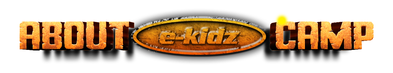 Logo for e-kidz children's camp 'About e-kidz Camp' with stylized rusty orange and yellow text.