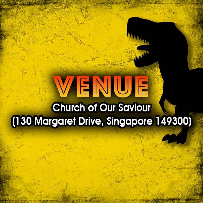 e-kidz children's camp venue at church of Our Saviour, located at 130 Margaret Drive, Singapore 149300. The background is yellow with a black silhouette of a dinosaur on the right side.