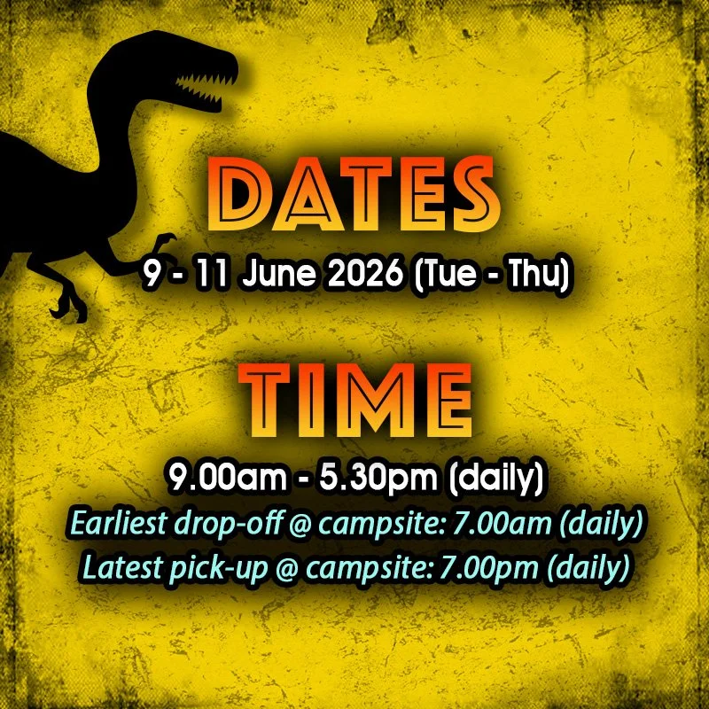 Sign with a dinosaur graphic indicating e-kidz children's camp event dates from June 9 to June 11, 2026, and daily times from 9:00 am to 5:30 pm, with info about drop-off at 7:00 am and pick-up at 7:00 pm.