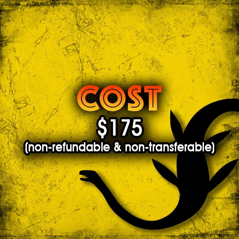A graphic showing the e-kidz children's camp cost of $175 with a silhouette of a dinosaur tail on a yellow textured background.